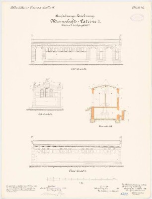 Feldartilleriekaserne, Halle/Saale: Mannschaftslatrine II: Aufriss Nordansicht, Südansicht, Ostansicht, Querschnitt 1:100