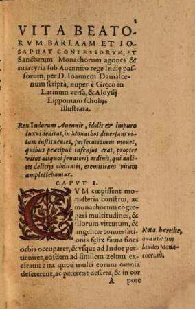 S. Ioannis Damasceni Historia De Vitis Et Rebus gestis Sanctorum Barlaam Eremitae, & Iosaphat Regis Indorum : index Materiarum locupletiss.