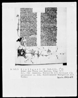 Lateinische Bibel in zwei Bänden für Franz von Gewicz — Initiale I (n principio) mit dem schreibenden Evangelisten Johannes, Folio 238recto