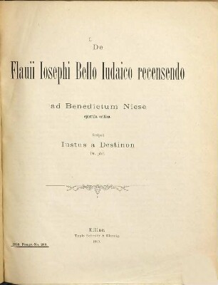 De Flavii Iosephi Bello Iudaico recensendo ad Benedictum Niese epistula critica