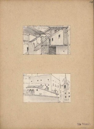 Reiseskizzen aus Österreich, Deutschland und Italien: Freundsberg: Schloss (Perspektivische Ansicht von der Hofseite), Schwaz: Giebelhaus (Perspektivische Ansicht)