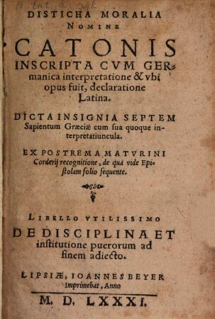 Disticha moralia nomine Catonis inscripta