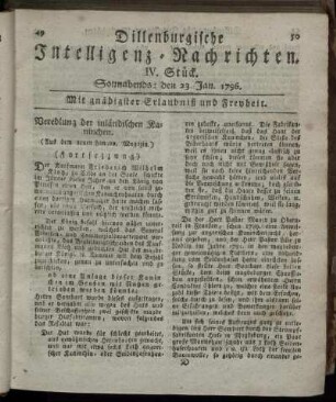 IV. Stück. Sonnabends: den 23. Jan. 1796.