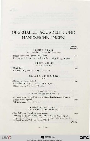 Ölgemälde, Aquarelle und Handzeichnungen (Nr. 1-77)