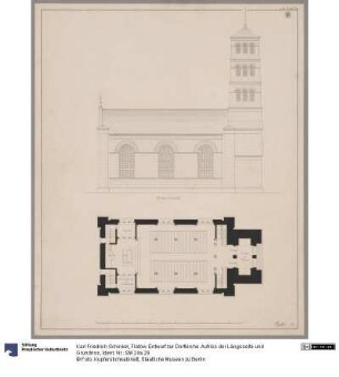 Flatow. Entwurf zur Dorfkirche. Aufriss der Längsseite und Grundriss