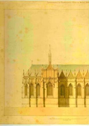 Entwurf für eine fiktive Katholische Kirche, Nordseite mit Maßwerkfenstern, Kirchturm und Fiale