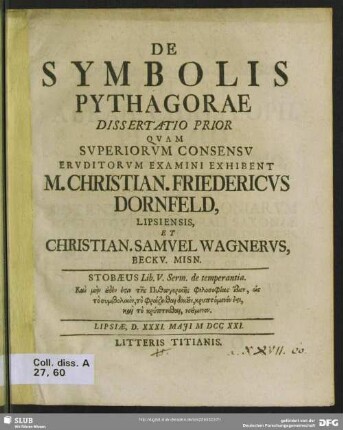 De Symbolis Pythagorae : Dissertatio Prior