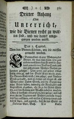 Dritter Anhang Oder Unterricht, wie die Bienen recht zu warten sind, und wie damit umgegangen werden müsse.