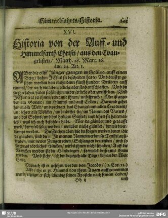 XVI. Historia von der Auff- und Himmelfarth CHristi, aus den Evangelisten