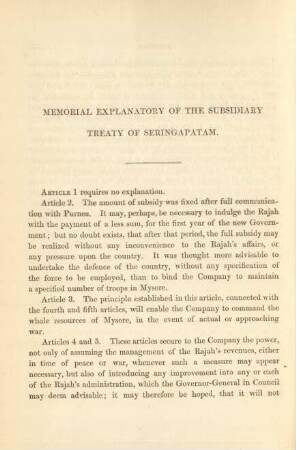 Memorial explanatory of the subsidiary treaty of Seringapatam