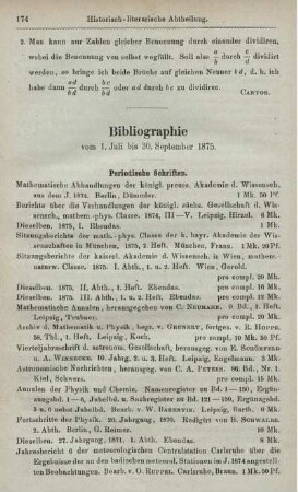 Bibliographie vom 1. Juli bis 30. September 1875.