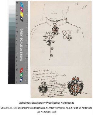 Uniform mit Orden (Handskizze, coloriert, Feder in Schwarz). Notiz:"Um den Hals nicht Andreas Kreuz sondern Weisser Adler orden. nach diesem Muster: [...]"