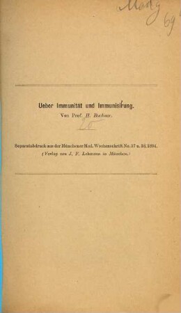 Kleine medizinische Abhandlungen : Separatabdrucke aus der Münchener medizinischen Wochenschrift, 20