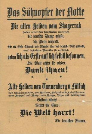 Flugblatt "Das Sühneopfer der Flotte" unterzeichnet "Die deutschen Frauen" (ohne Ort - nimmt Bezug auf die Selbstversenkung der Flotte am 21. Juni)