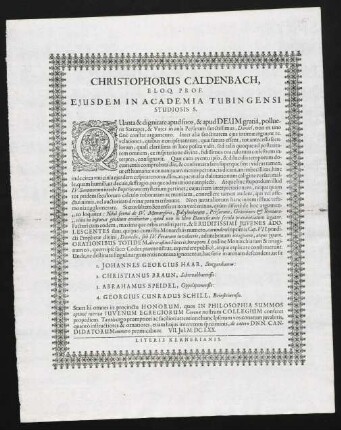 Christophorus Caldenbach, Eloq. Prof. Ejusdem In Academia Tubingensi Studiosis S.