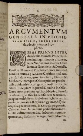 Argumentum Generale In Prophetiam Oseae, Primi Inter duodecim minores Prophetae