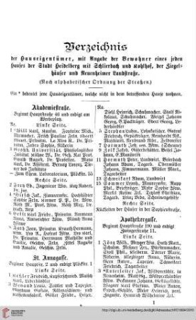 Verzeichnis der Haus=Eigentümer und Haus=Bewohner