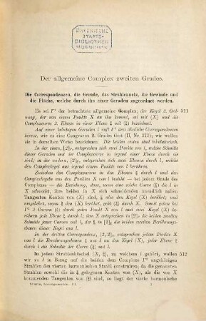 Die Gebilde ersten und zweiten Grades der Liniengeometrie in synthetischer Behandlung, 3. Die Strahlencomplexe zweiten Grades