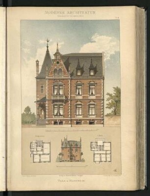 Villa in Mannheim. Franz Habich, Architekt. Grundriss Erdgeschoss u. 1. Stock, Seitenansicht