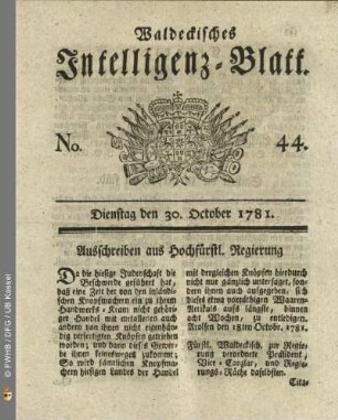 No. 44, Dienstag den 30. October 1781