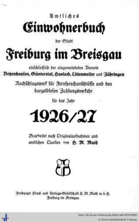 Amtliches Einwohnerbuch der Stadt Freiburg im Breisgau : für das Jahr 1926/27