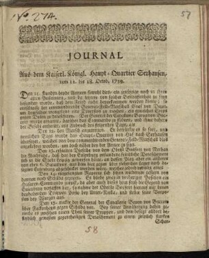Journal Aus dem Kaiserl. Königl. Haupt-Quartier Serhausen, vom 11. bis 18. Octob. 1759