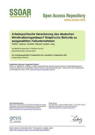 Arbeitspolitische Verankerung des deutschen Windkraftanlagenbaus? Empirische Befunde zu ausgewählten Fallunternehmen