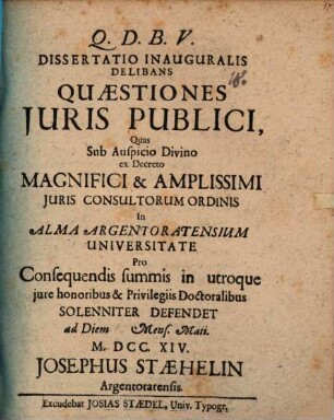 Diss. inaug. delibans quaestiones iuris publici