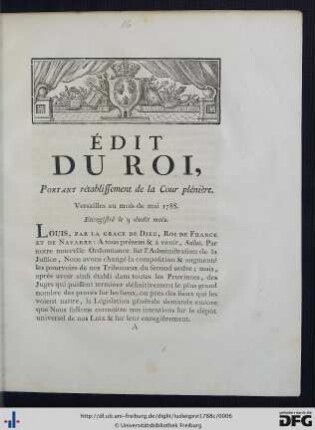 Édit du Roi, portant rétablissement de la Cour plénière.