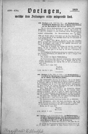 Anlage: (459-470.), Vorlagen, welche den Zeitungen nicht mitgeteilt sind, 21. Juni 1919