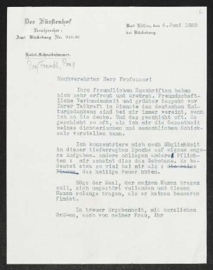 Brief von Gerhart Hauptmann an Oskar Frankl