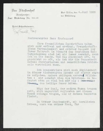 Brief von Gerhart Hauptmann an Oskar Frankl