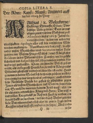 Copia Litera F. Der Röm: Kayß: Mayst: Antwortt auff die sub utraq[ue] zu Prag.