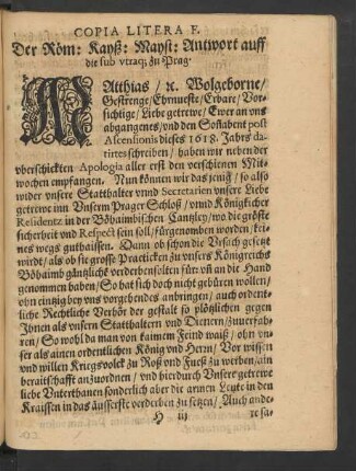 Copia Litera F. Der Röm: Kayß: Mayst: Antwortt auff die sub utraq[ue] zu Prag.