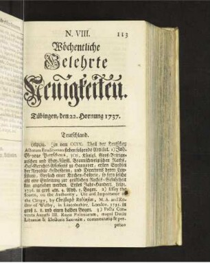N. VIII. Tübingen, den 22. Hornung 1737