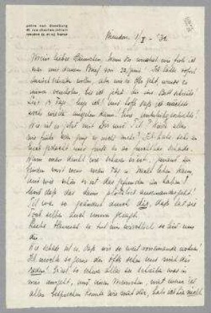 Brief von Nelly van Doesburg an Hannah Höch. Meudon. Briefkopf: "pétro van doesburg / 41 rue charles infroit / meudon (s. et o.) france"