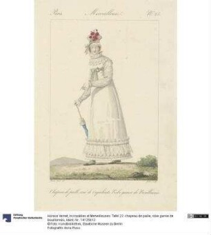Incroyables et Merveilleuses: Tafel 23: chapeau de paille, robe garnie de bouillonnés