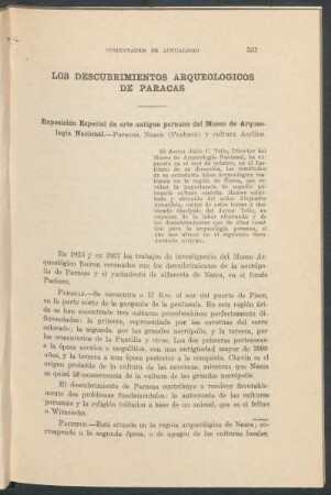 Los descubrimientos arqueológicos de Paracas : Exposición especial de arte antiguo peruano del Museo de Arquelología Nacional