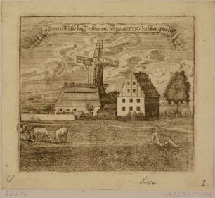 Die Papiermühle am Weißeritzmühlgraben in Dresden (heute Eisenbahnzwickel südöstlich der Rosenstraße) im Zustand von 1730 mit Windrad