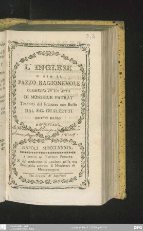 L' inglese o sia il pazzo ragionevole : commedia in un atto di Monsieur Patrat