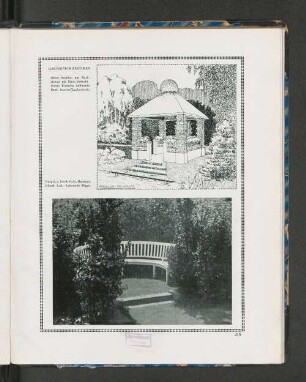 Gartenarchitekturen. Oben: Pavillon aus Backsteinen mit Stroh dedeckt.