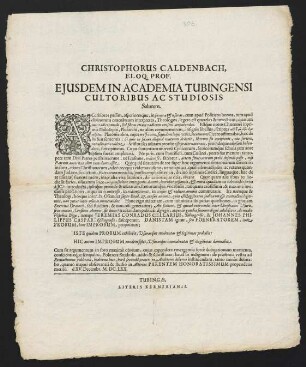 Christophorus Caldenbach, Eloq. Prof. Ejusdem In Academia Tubingensi Cultoribus Ac Studiosis Salutem