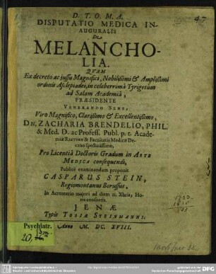 De melancholia : disputatio medica inauguralis