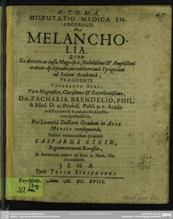 De melancholia : disputatio medica inauguralis