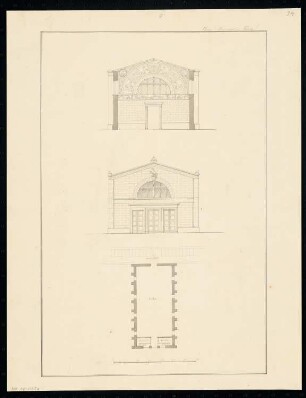 Reitbahn Monatskonkurrenz August 1833: Grundriss Erdgeschoss, Aufriss Eingangsseite (Schmalseite), Querschnitt; Maßstabsleiste