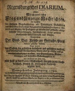 Regensburgisches Diarium oder wöchentliche Frag- und Anzeige-Nachrichten. 1780 = Jg. 19