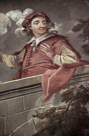 Ein Heiliger im Wasser, der zu einem vornehm gekleideten Mann auf einer Brücke heraufschaut