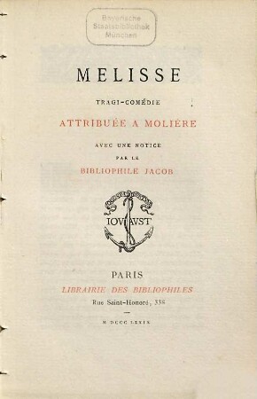 Mélisse tragi-comédie attribuée à Molière