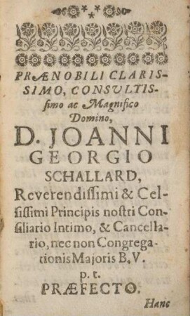 Prænobili clarissimo, consvltissimo ac magnifico Domino, D. Joanni Georgio ...