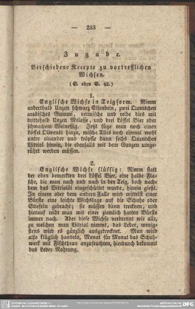Zugabe. Verschiedene Recepte zu vortrefflichen Wichsen